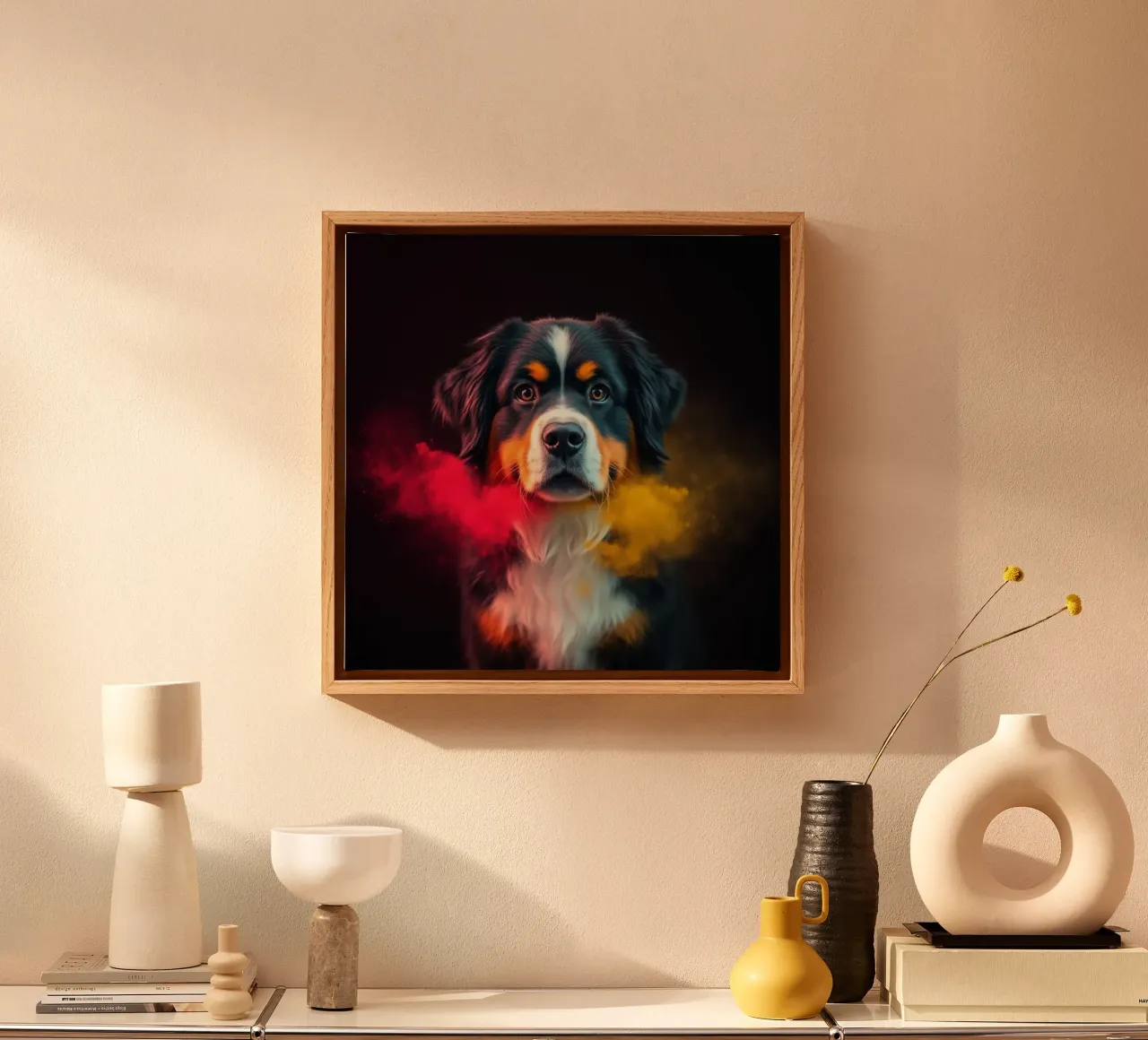 The colorful Bernese Mountain Dog #226 canvas with Floater frame by Yumis.Beargang.and.Me