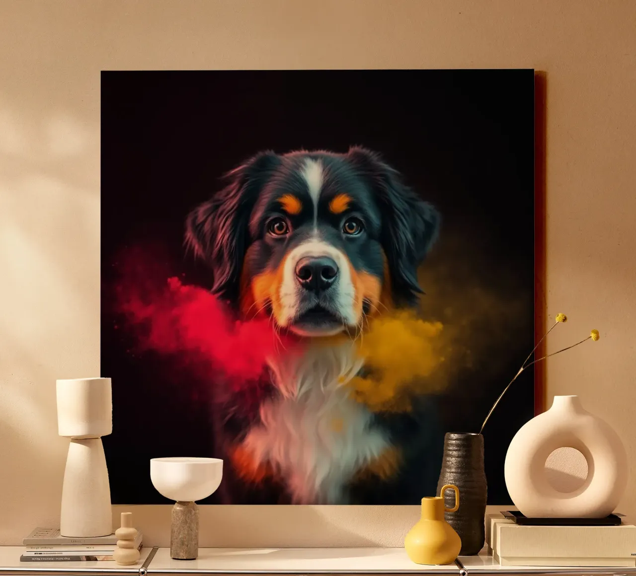 The colorful Bernese Mountain Dog #226 canvas with Floater frame by Yumis.Beargang.and.Me