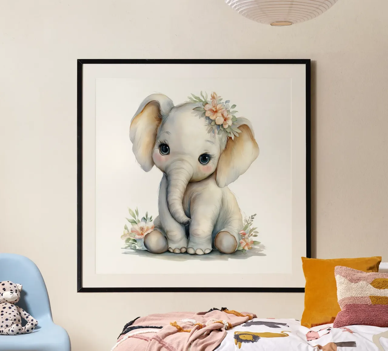 Vivaio di elefanti poster con telaio in legno da Imagine