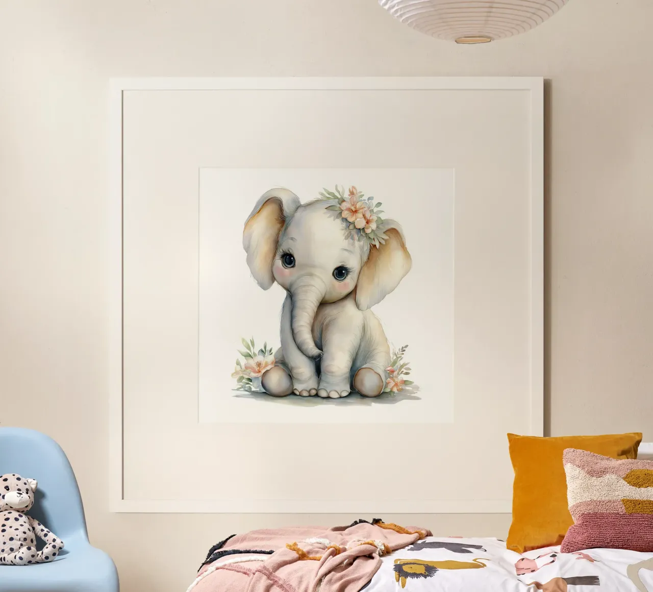 Vivaio di elefanti poster con telaio in legno da Imagine
