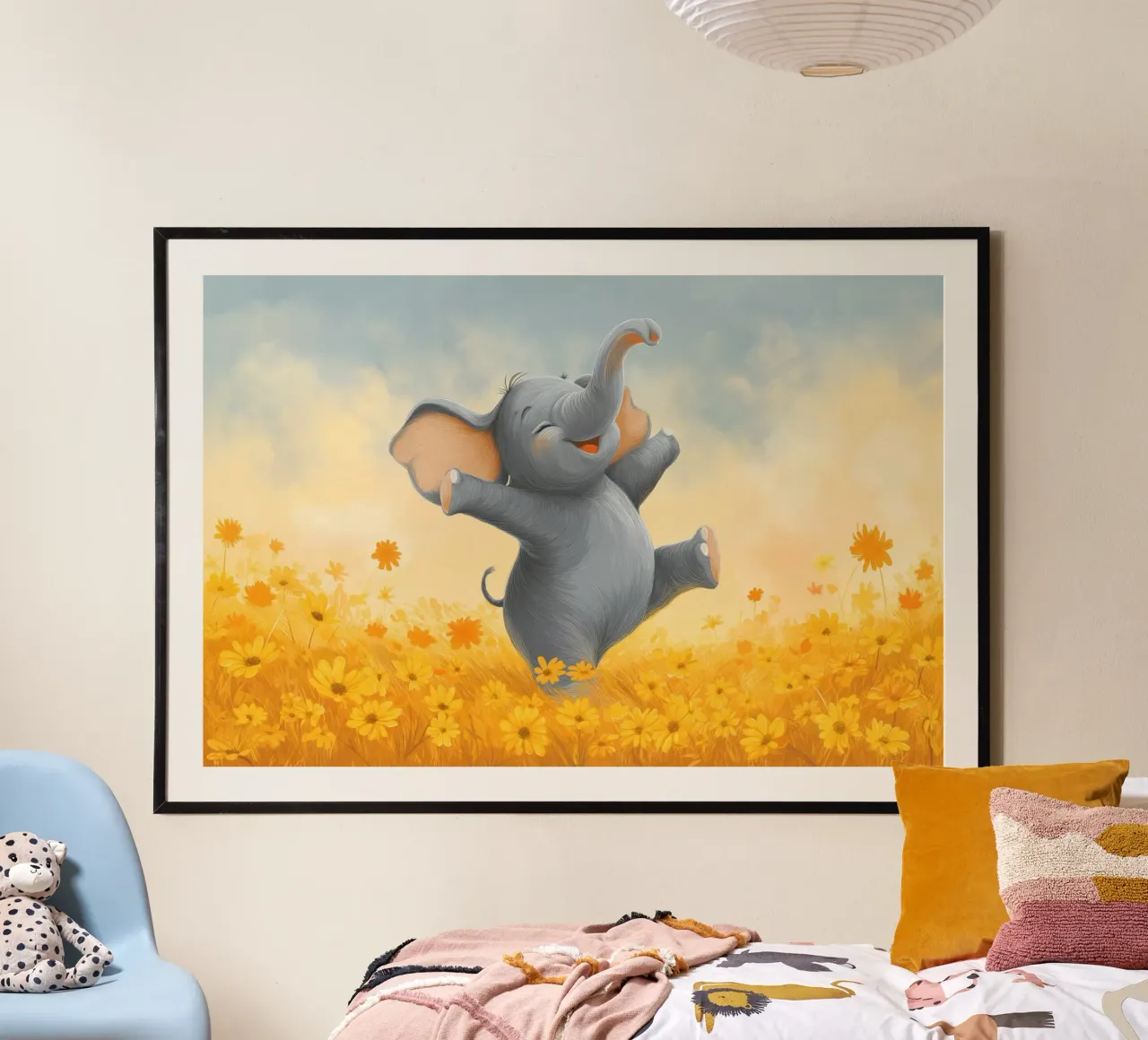 Vivaio di elefanti felici poster con telaio in alluminio da Imagine