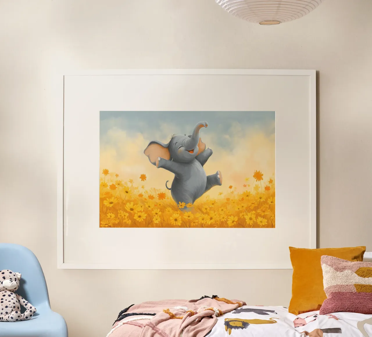 Vivaio di elefanti felici poster con telaio in alluminio da Imagine
