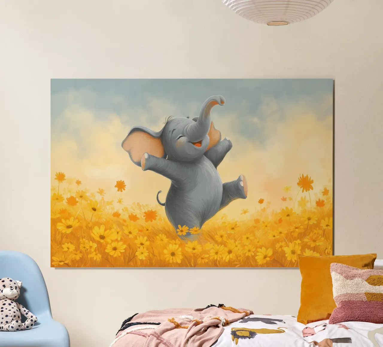 Vivaio di elefanti felici poster con telaio in alluminio da Imagine