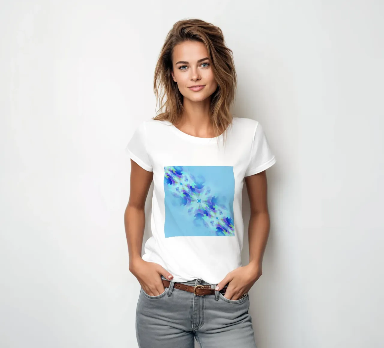 Illusion of blue squares, deformed and swirled diagonally women's fitted t-shirt by Gürsel Yesil Digital Art