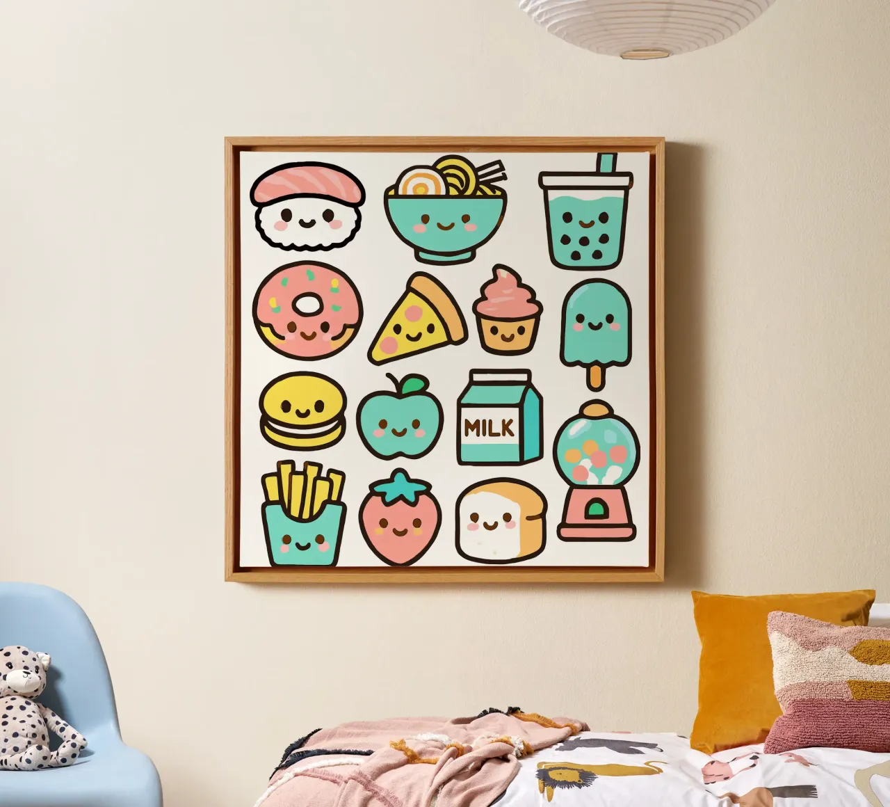 Adorabili amici kawaii del cibo - Icone del cibo carine e giocose tela con Cornice a cassetta da artdesign1985