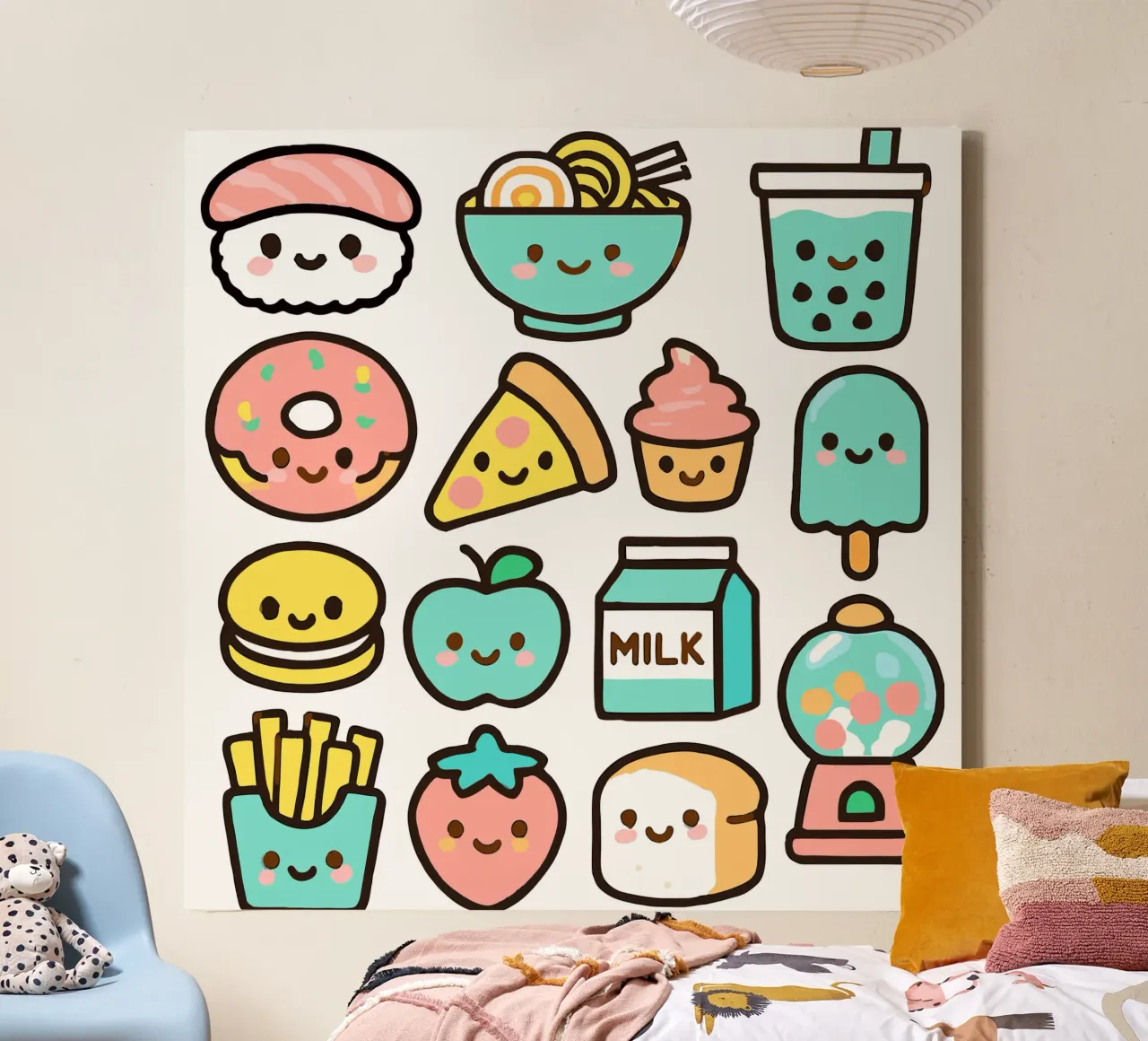 Adorabili amici kawaii del cibo - Icone del cibo carine e giocose tela con Cornice a cassetta da artdesign1985