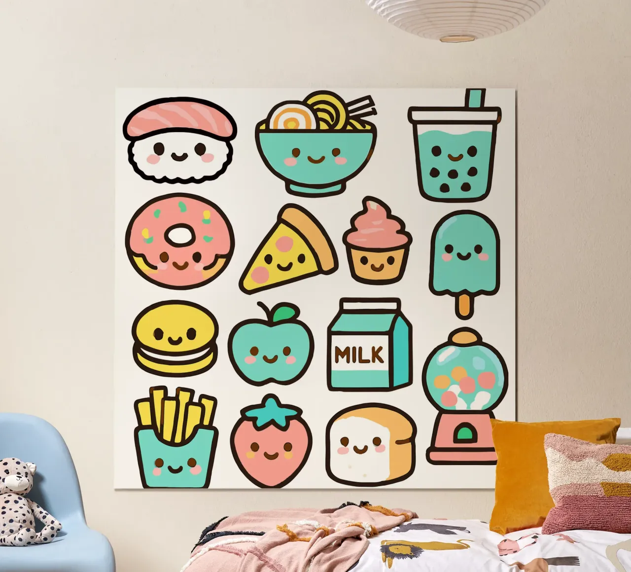 Adorabili amici kawaii del cibo - Icone del cibo carine e giocose poster con telaio in legno da artdesign1985