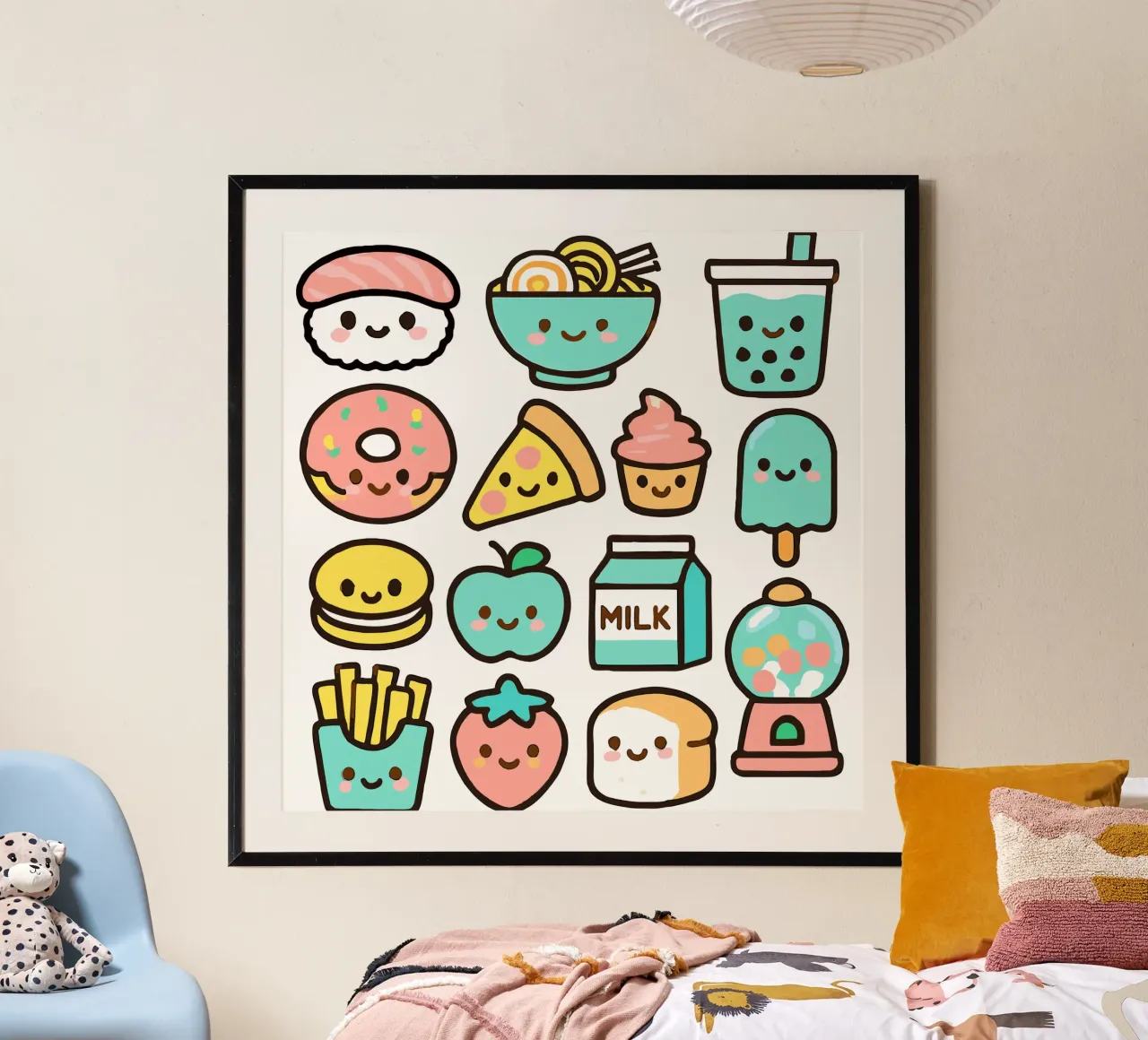 Adorabili amici kawaii del cibo - Icone del cibo carine e giocose poster con telaio in legno da artdesign1985