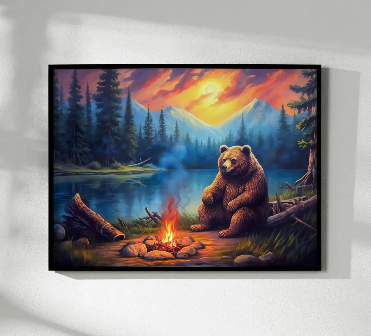 Falò dell'orso grizzly poster con telaio in legno da Fleur de Lys