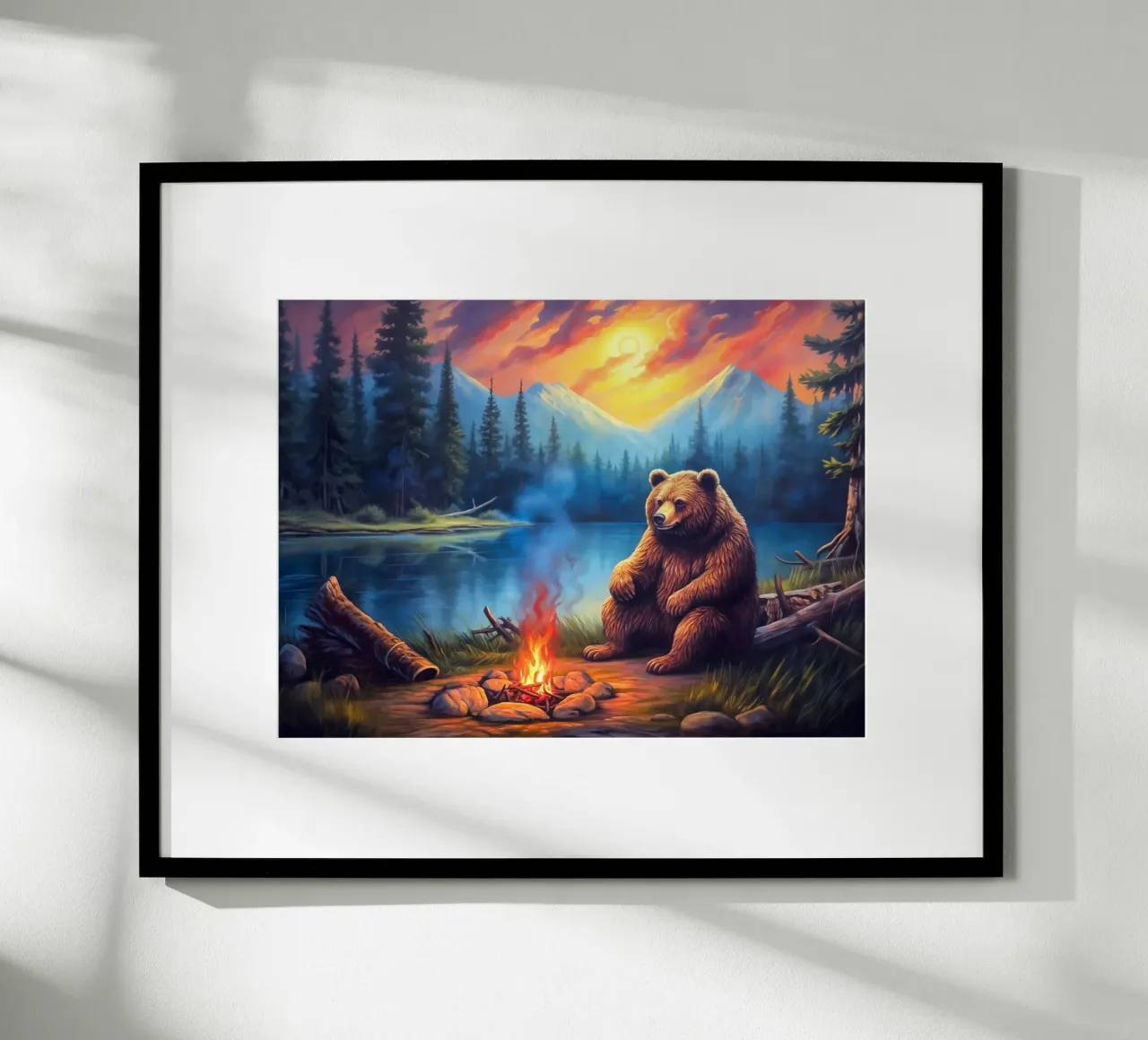 Falò dell'orso grizzly poster con telaio in legno da Fleur de Lys