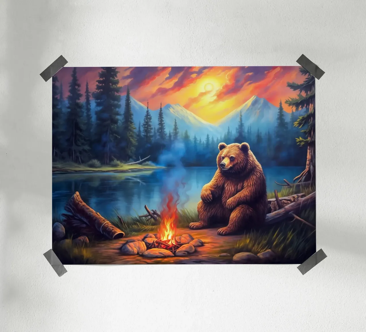 Falò dell'orso grizzly poster con telaio in legno da Fleur de Lys