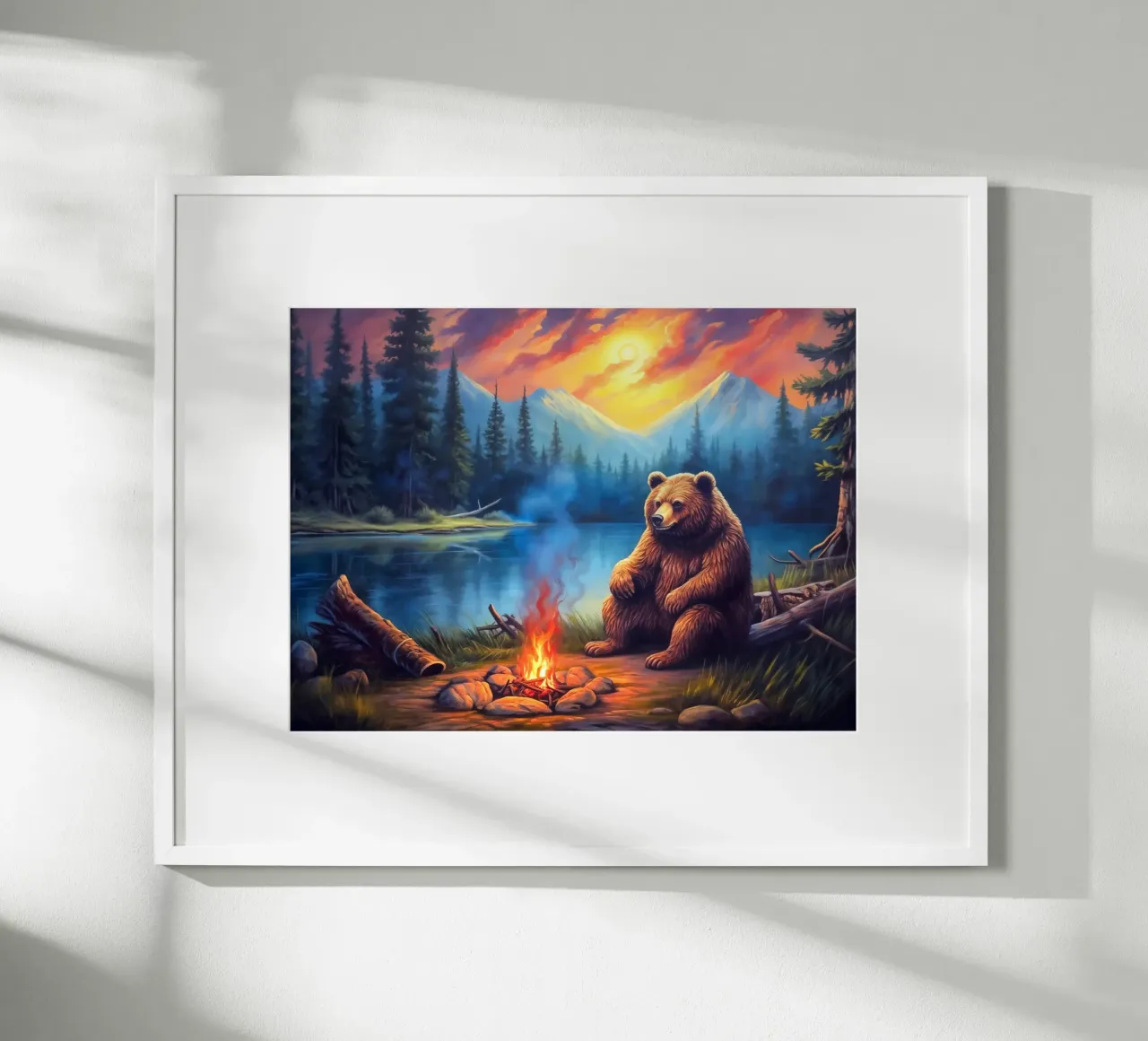 Falò dell'orso grizzly poster con telaio in legno da Fleur de Lys