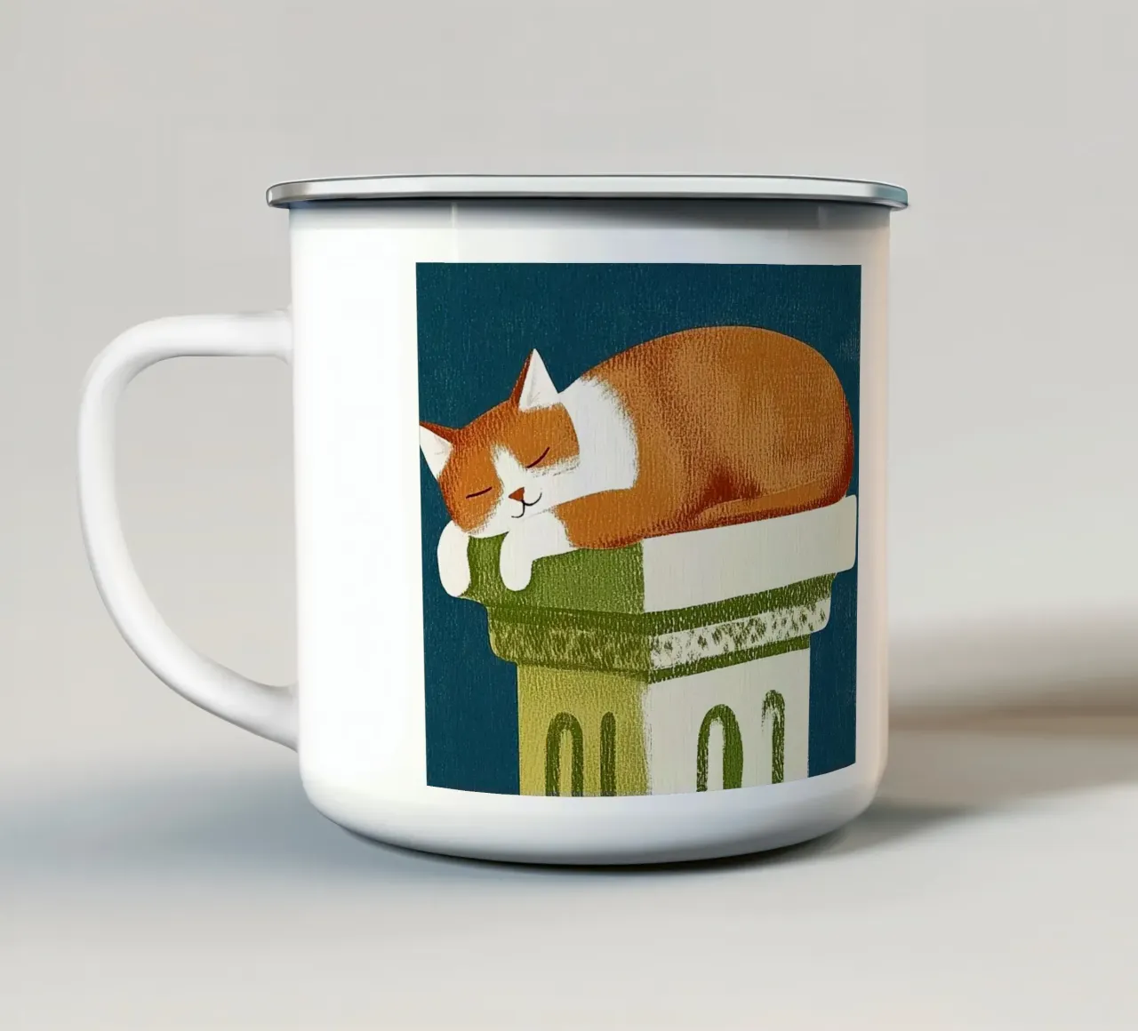 Gatto che dorme in Grecia tazza in smalto da Curious Canvas