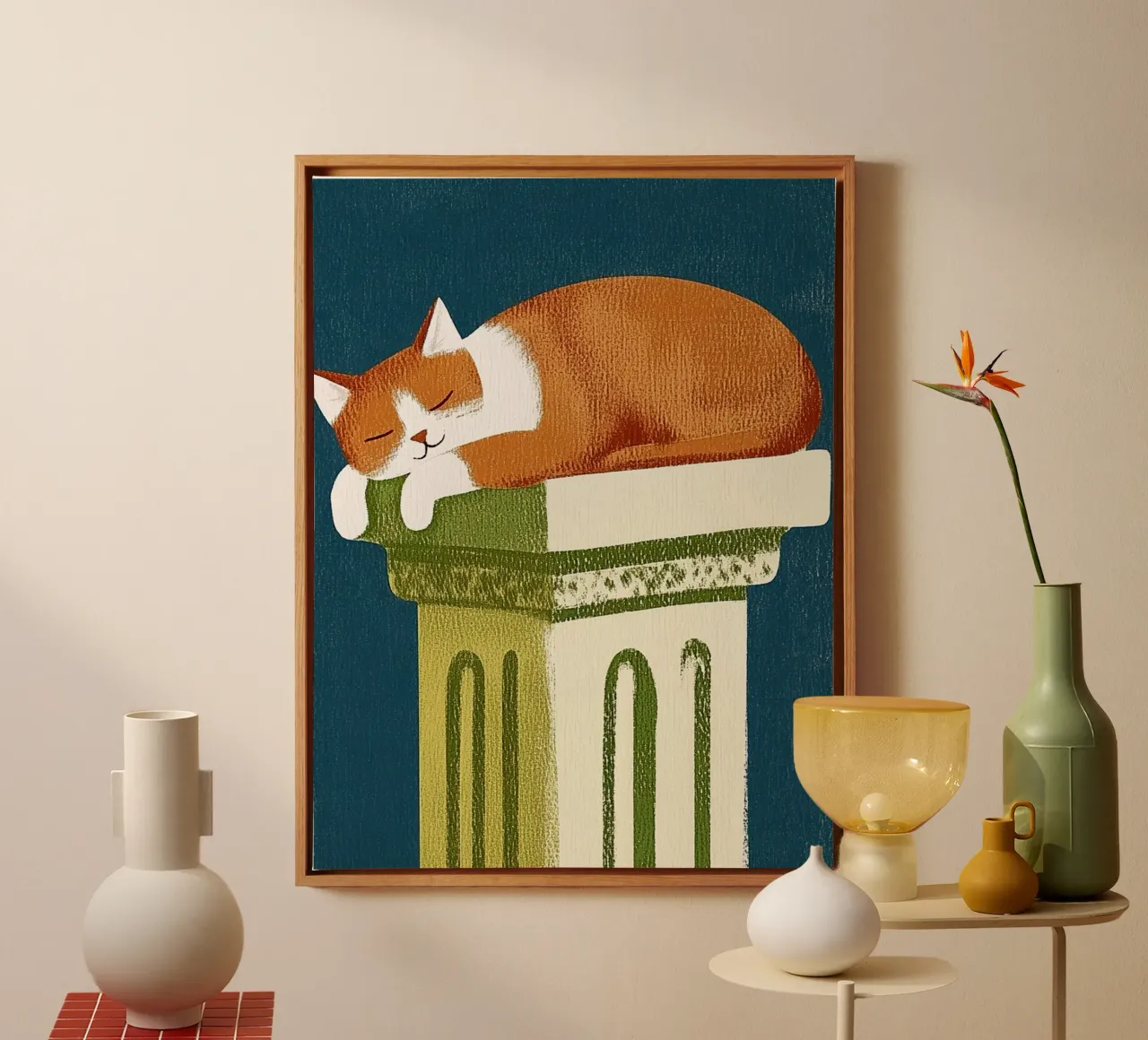 Gatto che dorme in Grecia tela con Cornice a cassetta da Curious Canvas
