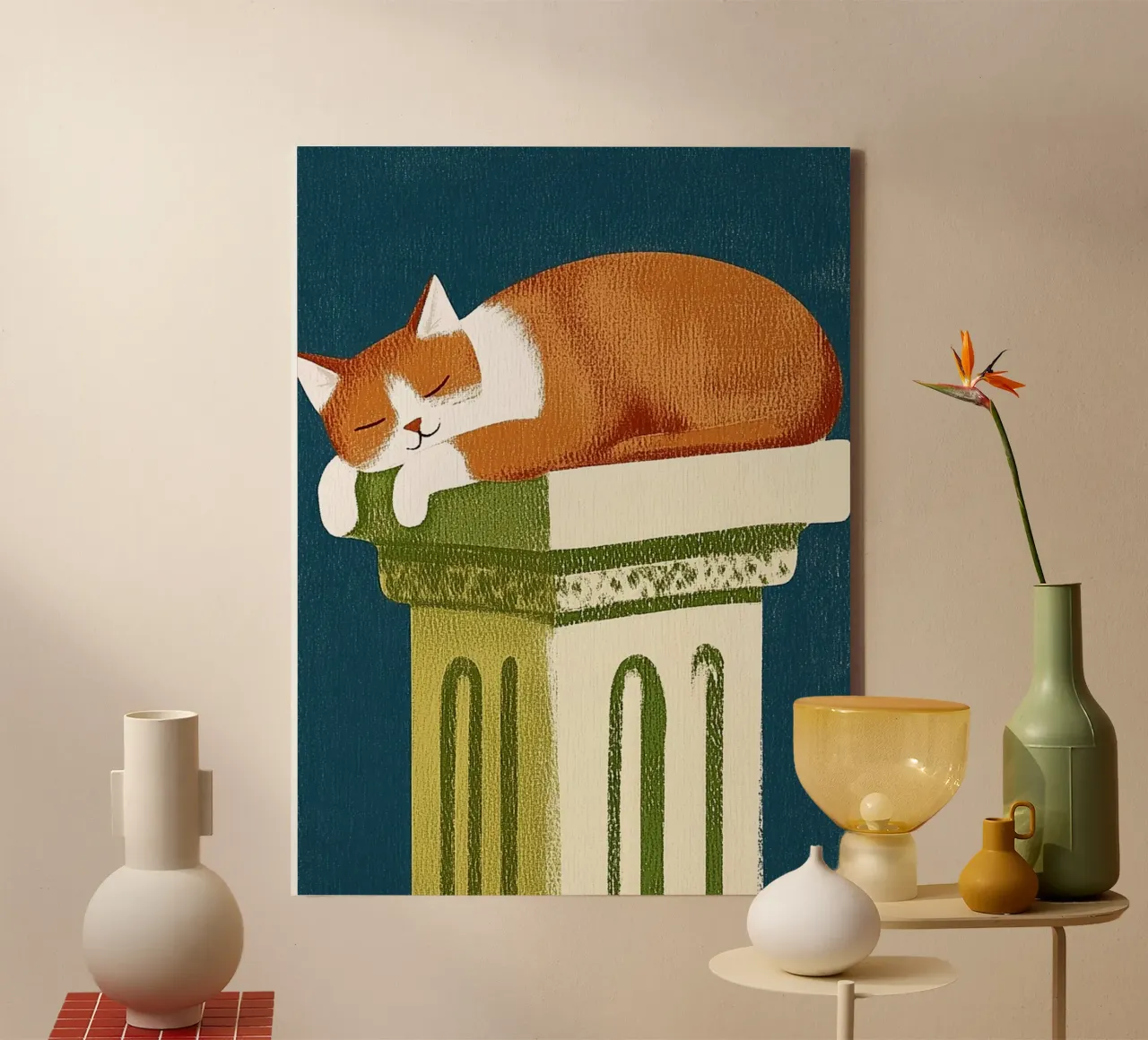 Gatto che dorme in Grecia tela con Cornice a cassetta da Curious Canvas