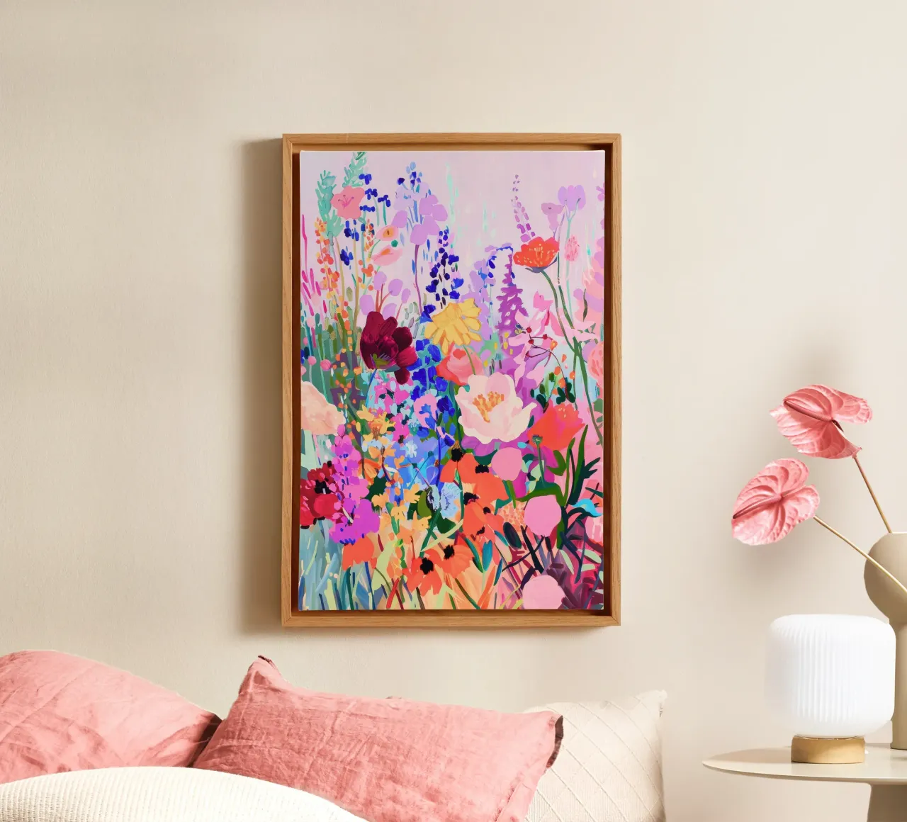 Bloemenprint, Wilde bloemen, kleurrijke bloemenprint canvas met Baklijst van Boheme