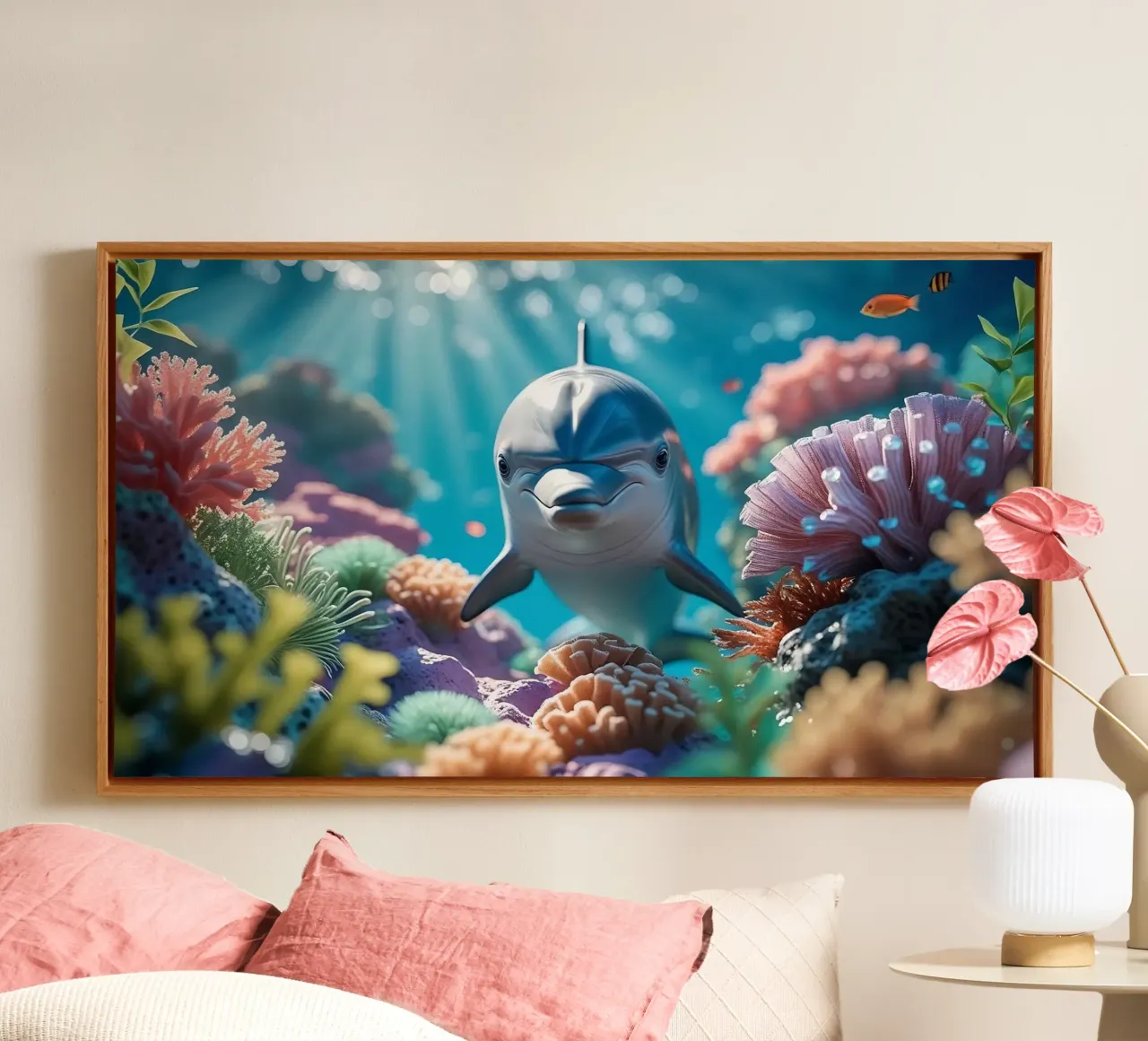 🪸🐬 Tuimelaar Dolfijn | Vreugde onder de Golven (3) canvas met Baklijst van Trinkets NL Design Studio