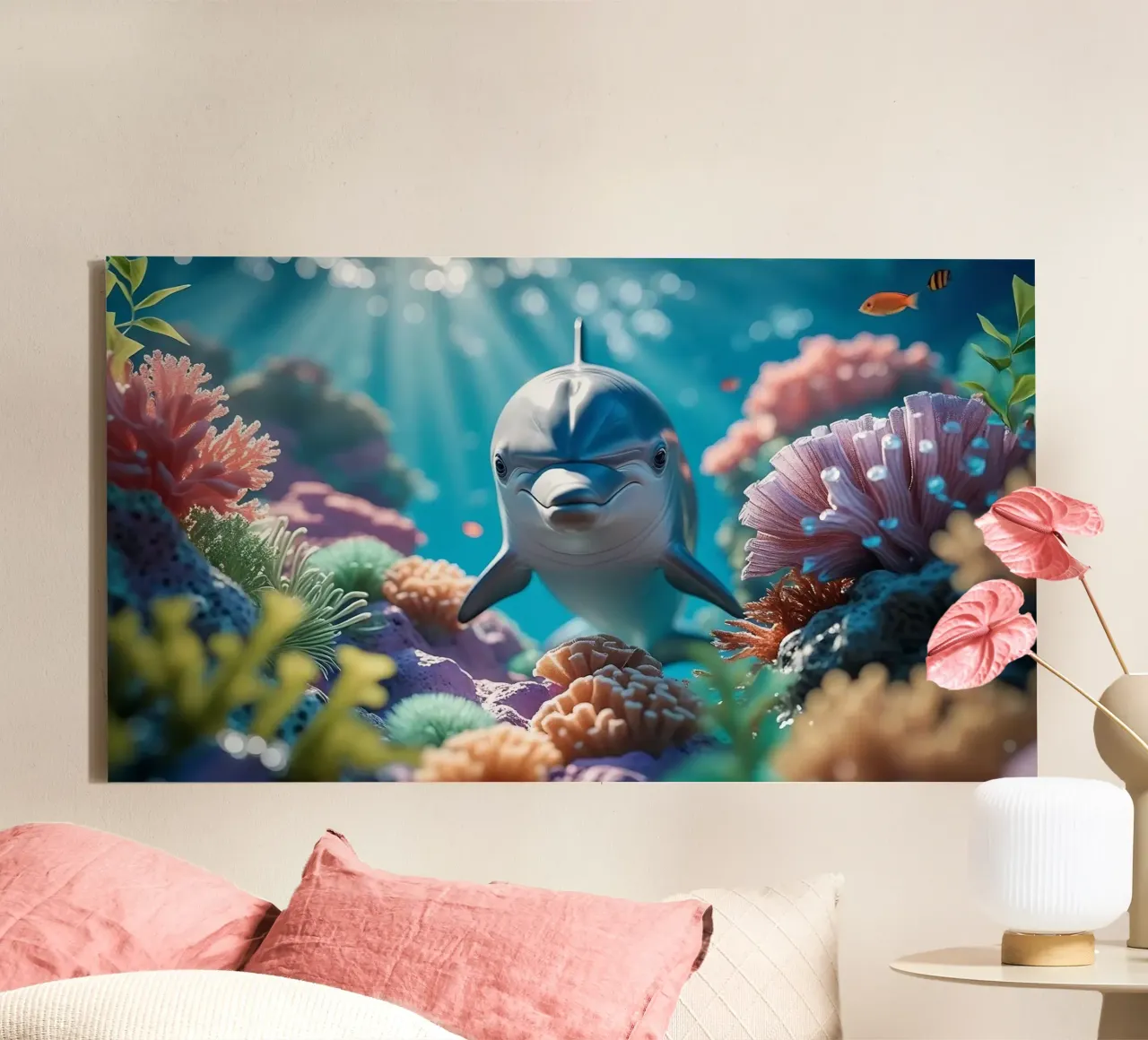 🪸🐬 Tuimelaar Dolfijn | Vreugde onder de Golven (3) canvas met Baklijst van Trinkets NL Design Studio