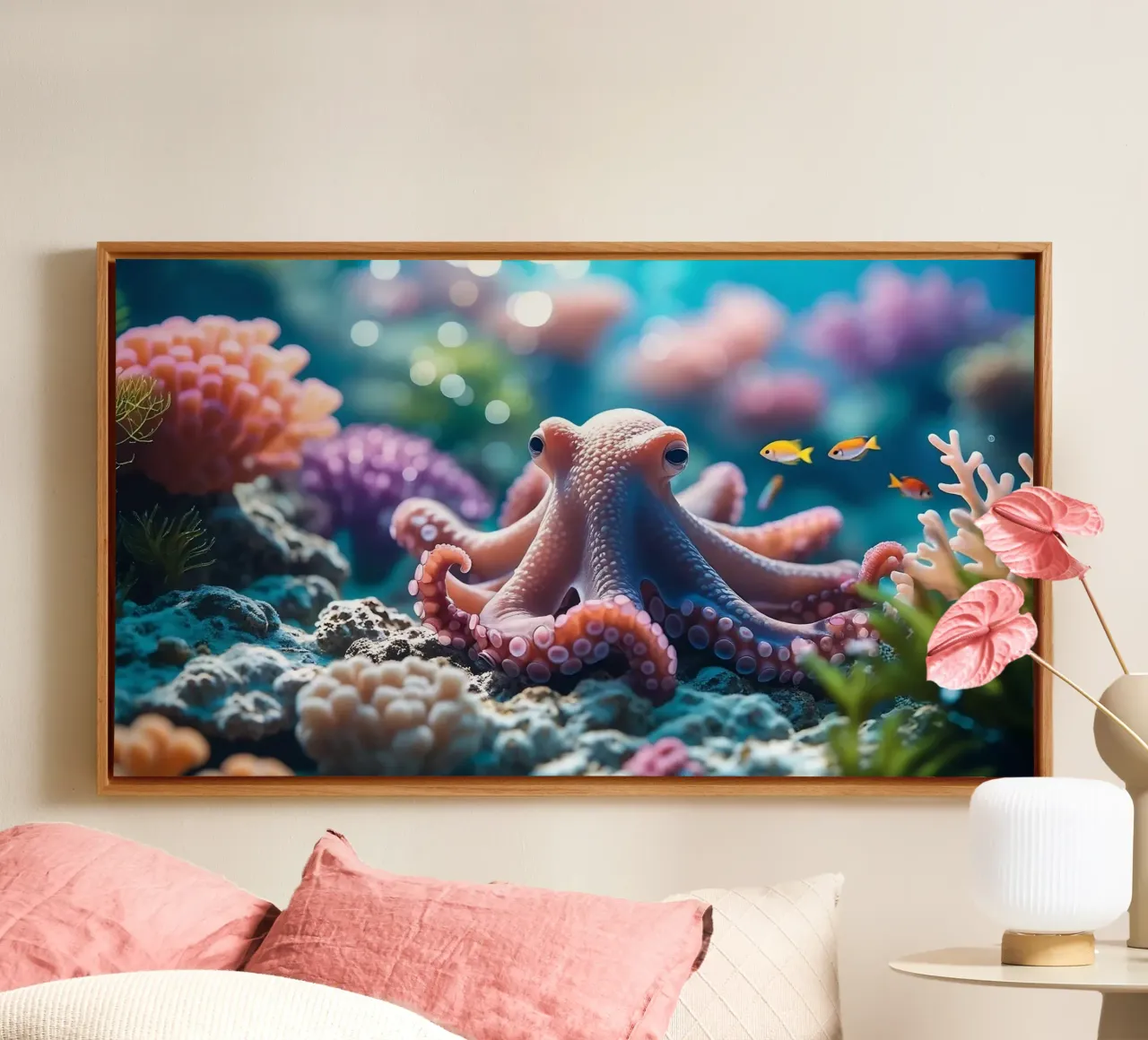 🪸🐙 Octopus | Zachtroze ontmoeting (2) canvas met Baklijst van Trinkets NL Design Studio