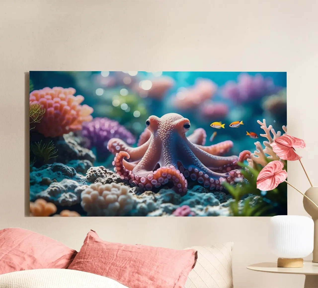 🪸🐙 Octopus | Zachtroze ontmoeting (2) canvas met Baklijst van Trinkets NL Design Studio