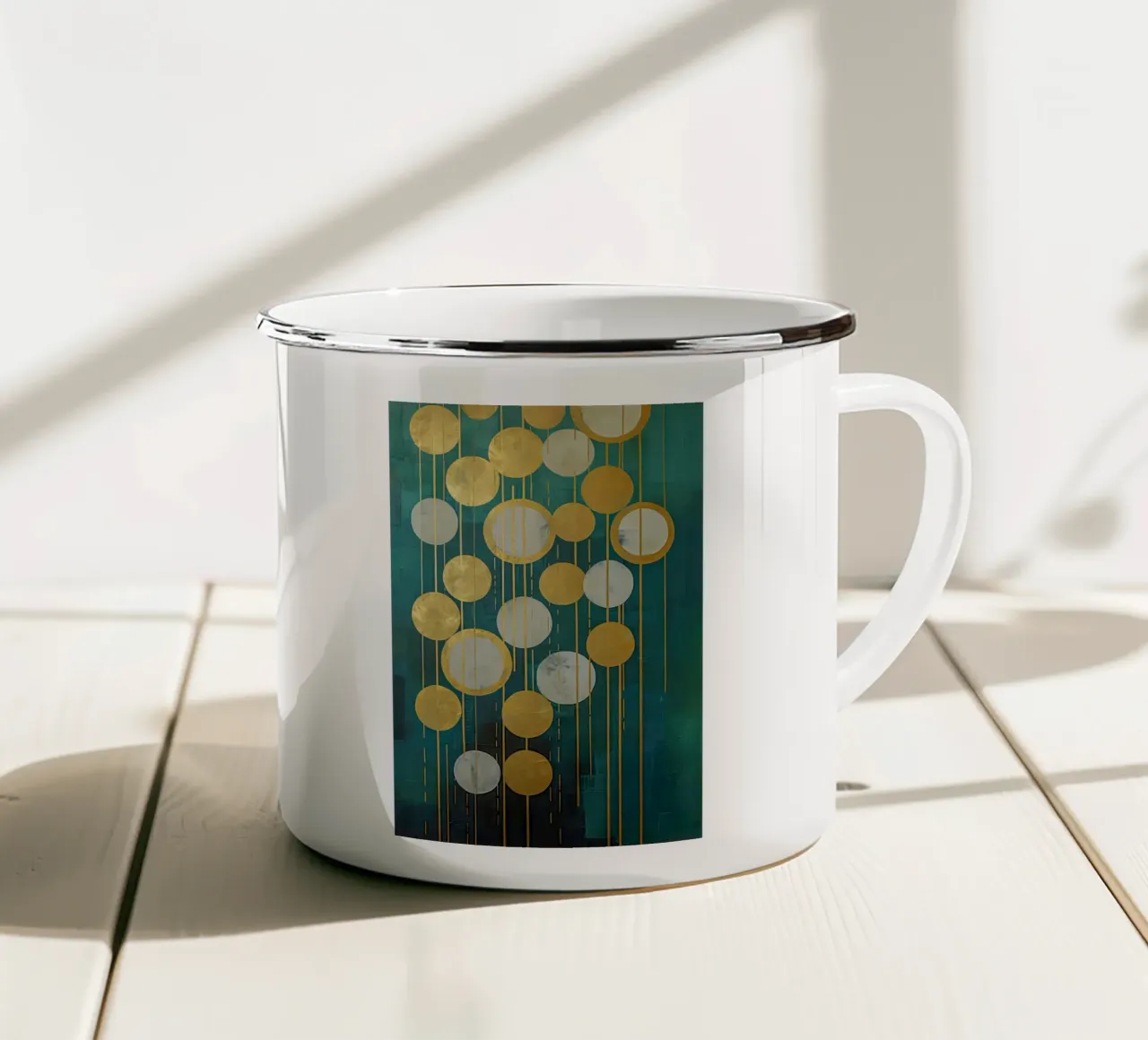 Gouden cirkels, abstract emaille mok van Imagine