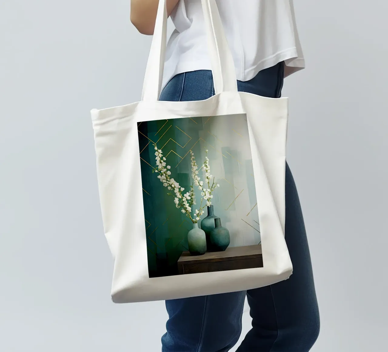 Natura morta e colori verdi borsa in juta da Imagine