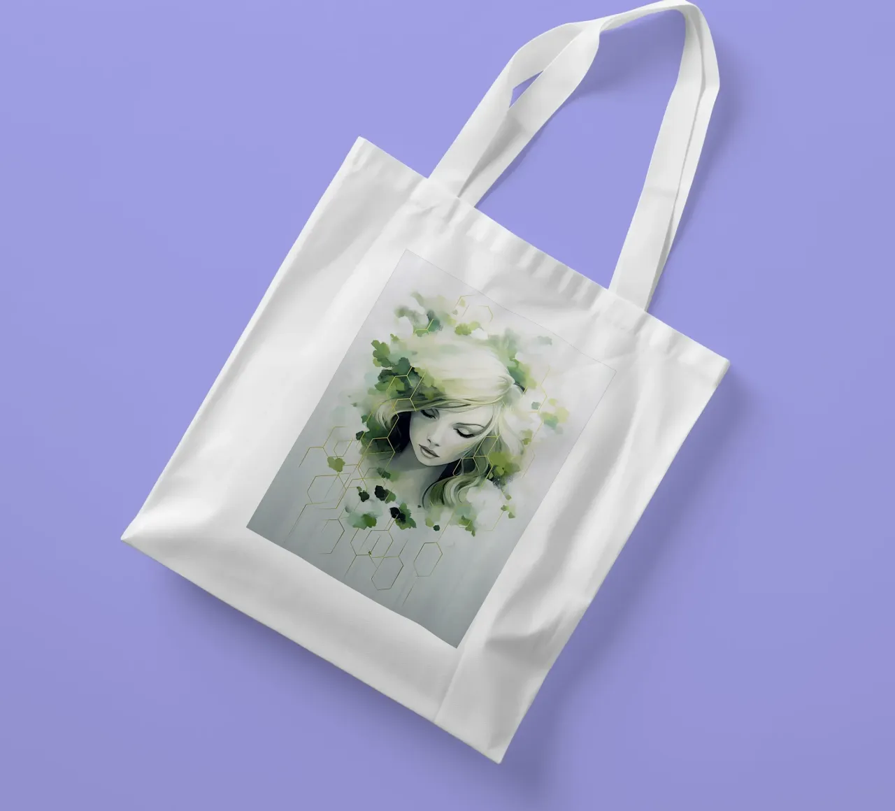 Ritratto di donna con colori verdi borsa in juta da Imagine