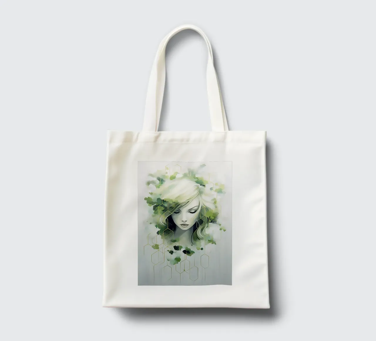 Ritratto di donna con colori verdi borsa in juta da Imagine
