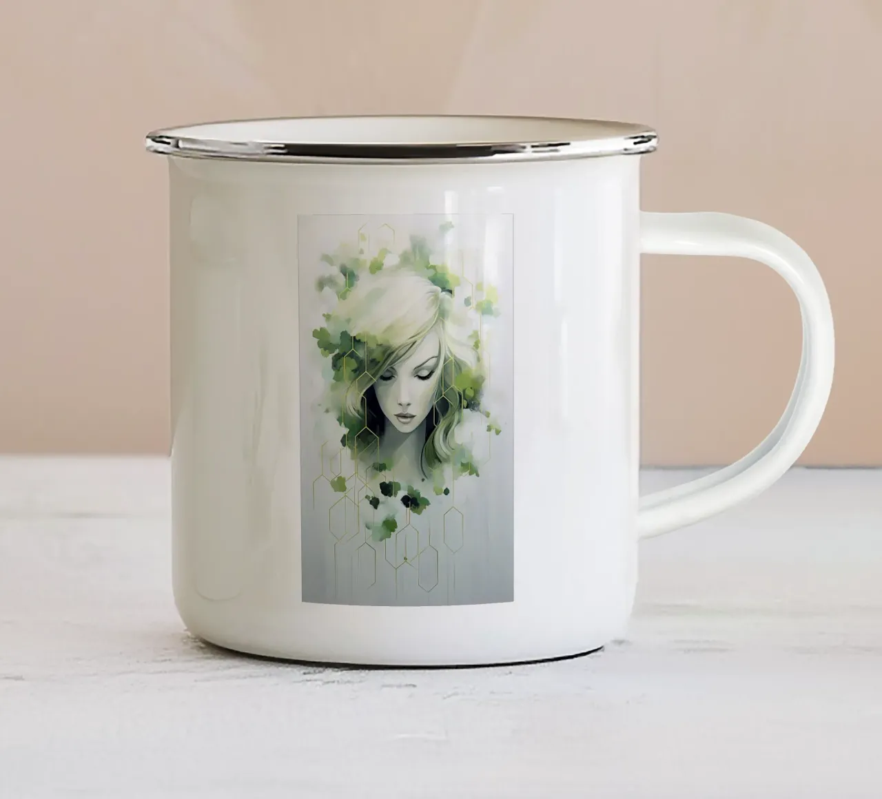 Ritratto di donna con colori verdi tazza in smalto da Imagine