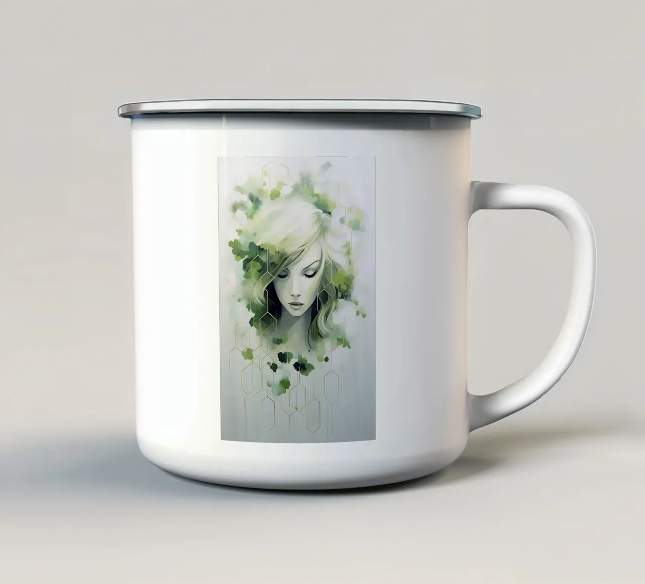 Ritratto di donna con colori verdi tazza in smalto da Imagine