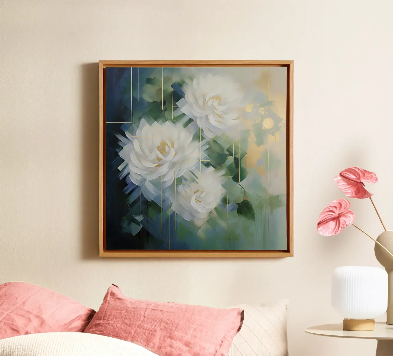 Witte bloemen op groene achtergrond canvas met Baklijst van Imagine
