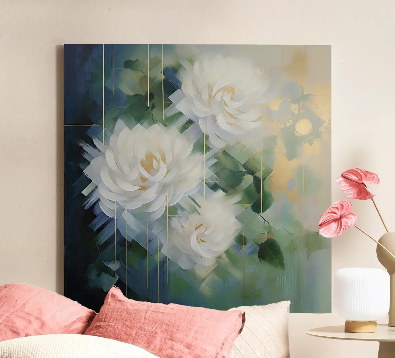 Witte bloemen op groene achtergrond canvas met Baklijst van Imagine