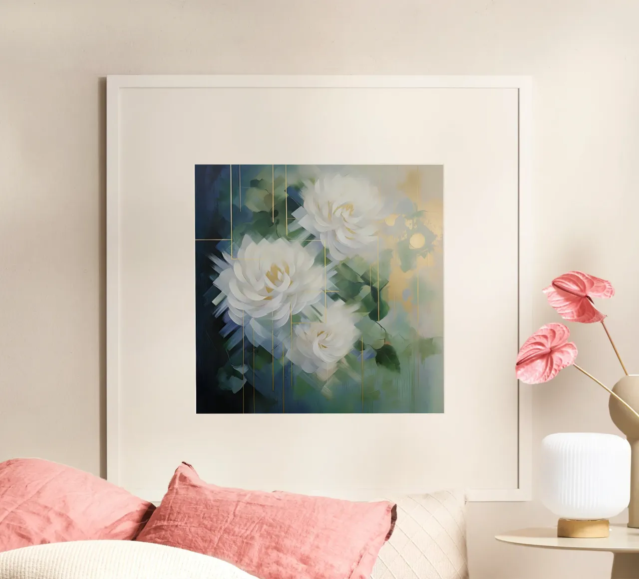 Fiori bianchi su sfondo verde poster con telaio in plastica da Imagine