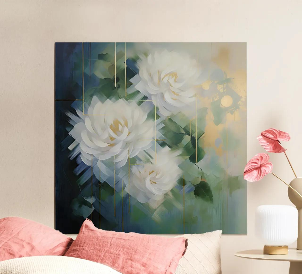 Fiori bianchi su sfondo verde poster con telaio in plastica da Imagine