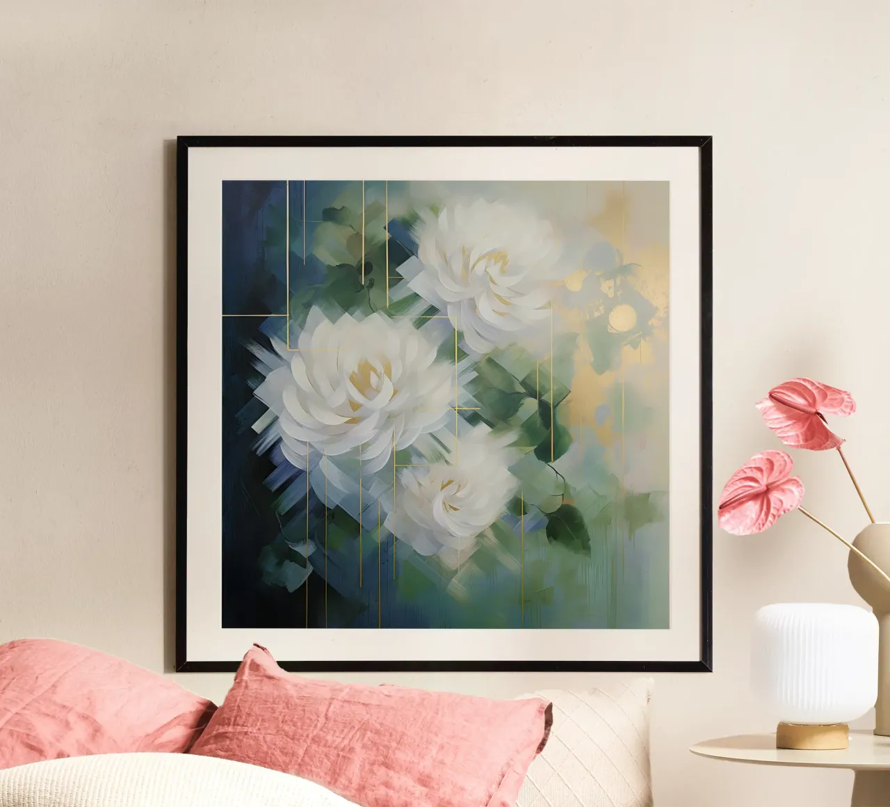Fiori bianchi su sfondo verde poster con telaio in plastica da Imagine