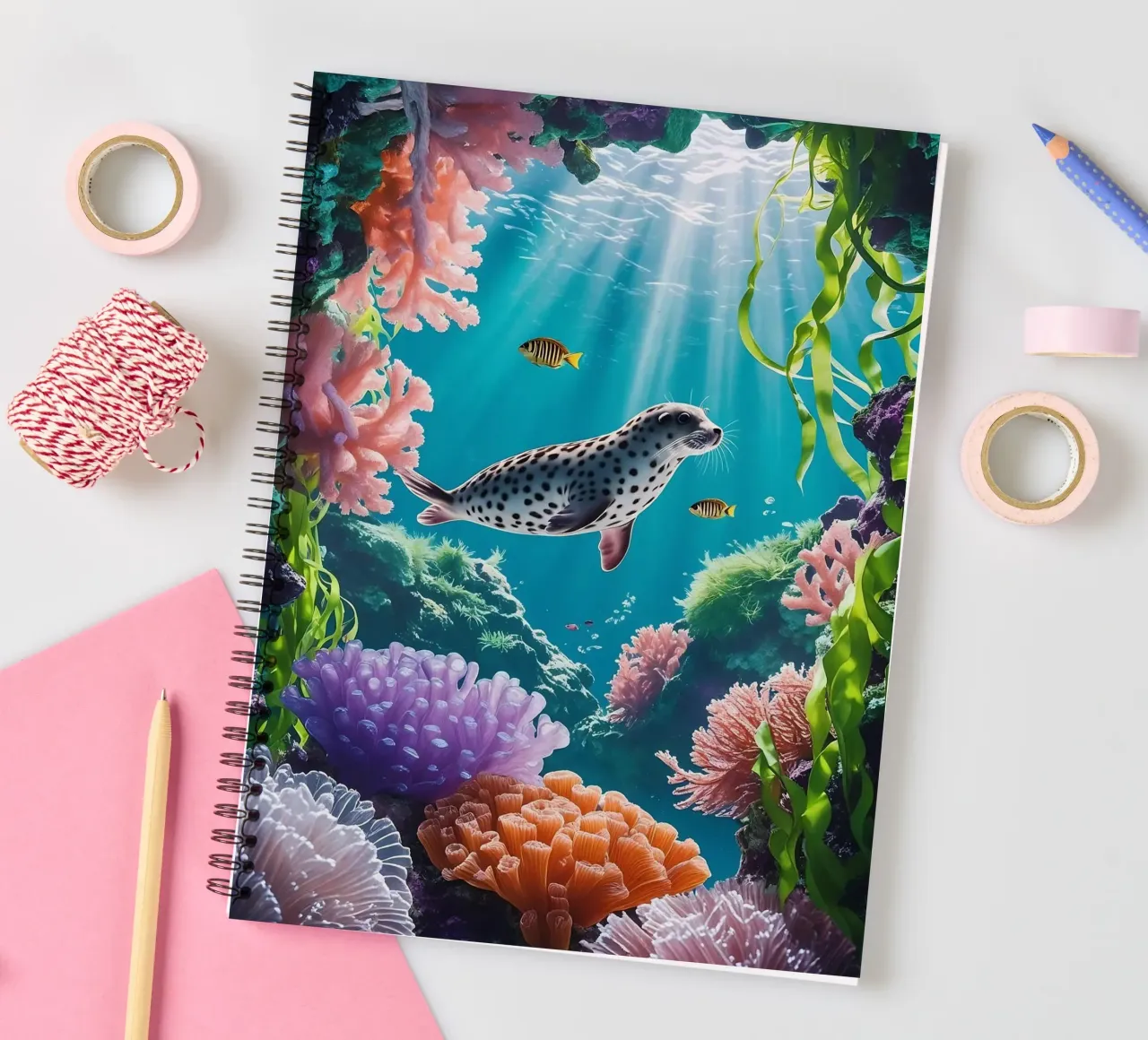 Foca maculata | Paesaggio onirico di una foca (1) diario ad anelli da Trinkets NL Design Studio