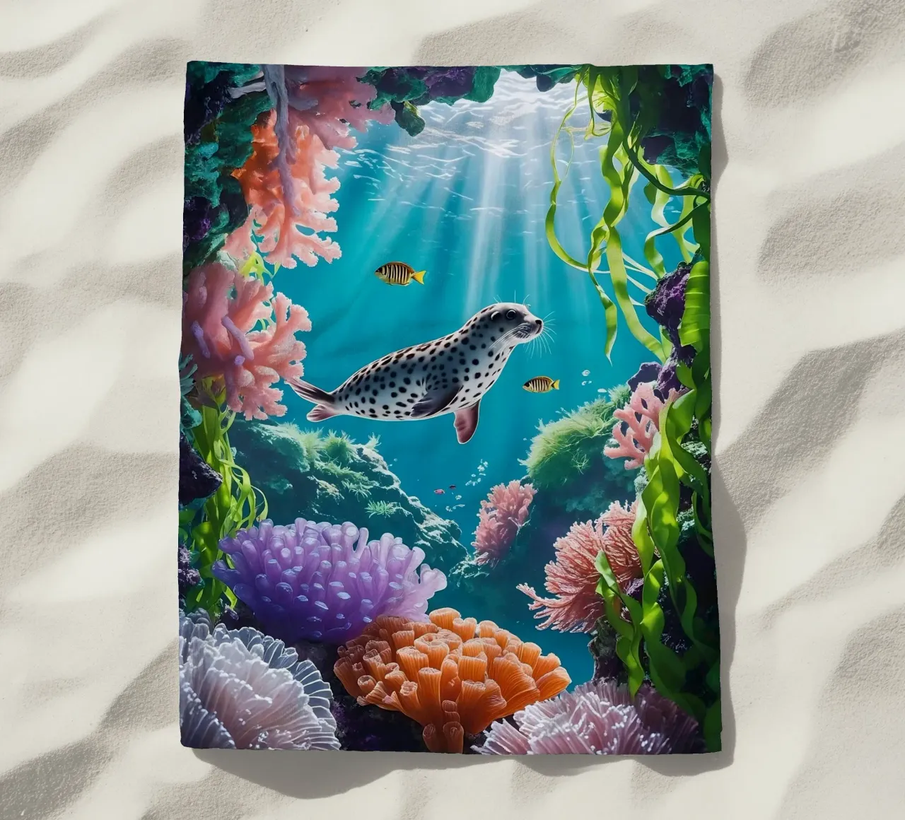 Foca maculata | Paesaggio onirico di una foca (1) telo mare da Trinkets NL Design Studio