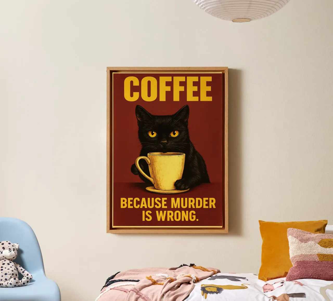 Kaffee, weil Mord falsch ist Katze Leinwand mit Schattenfugenrahmen von Rawdenox