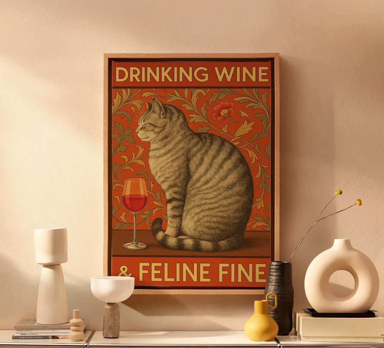 Drinking Wine Feline Fine Cat Funny canvas with Floater frame by Rawdenox