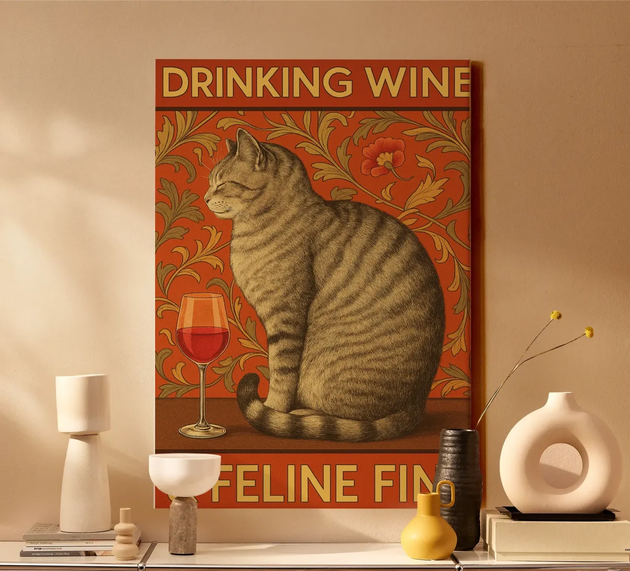 Drinking Wine Feline Fine Cat Funny canvas with Floater frame by Rawdenox