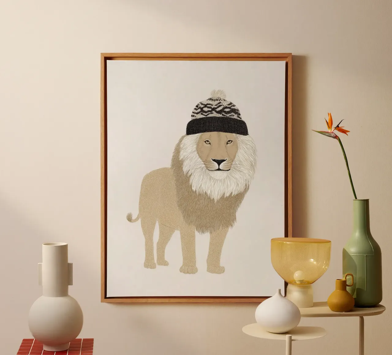 Lion with woolly hat canvas by Carinaprint