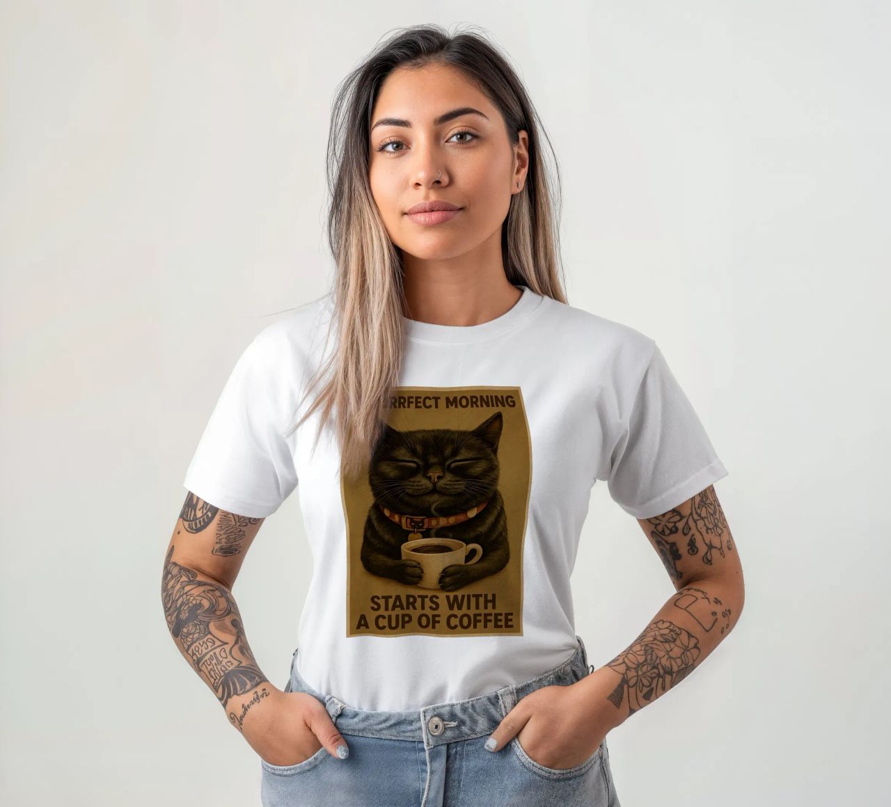 Gatto divertente Una mattina perfetta inizia con una tazza di caffè t-shirt da Rawdenox