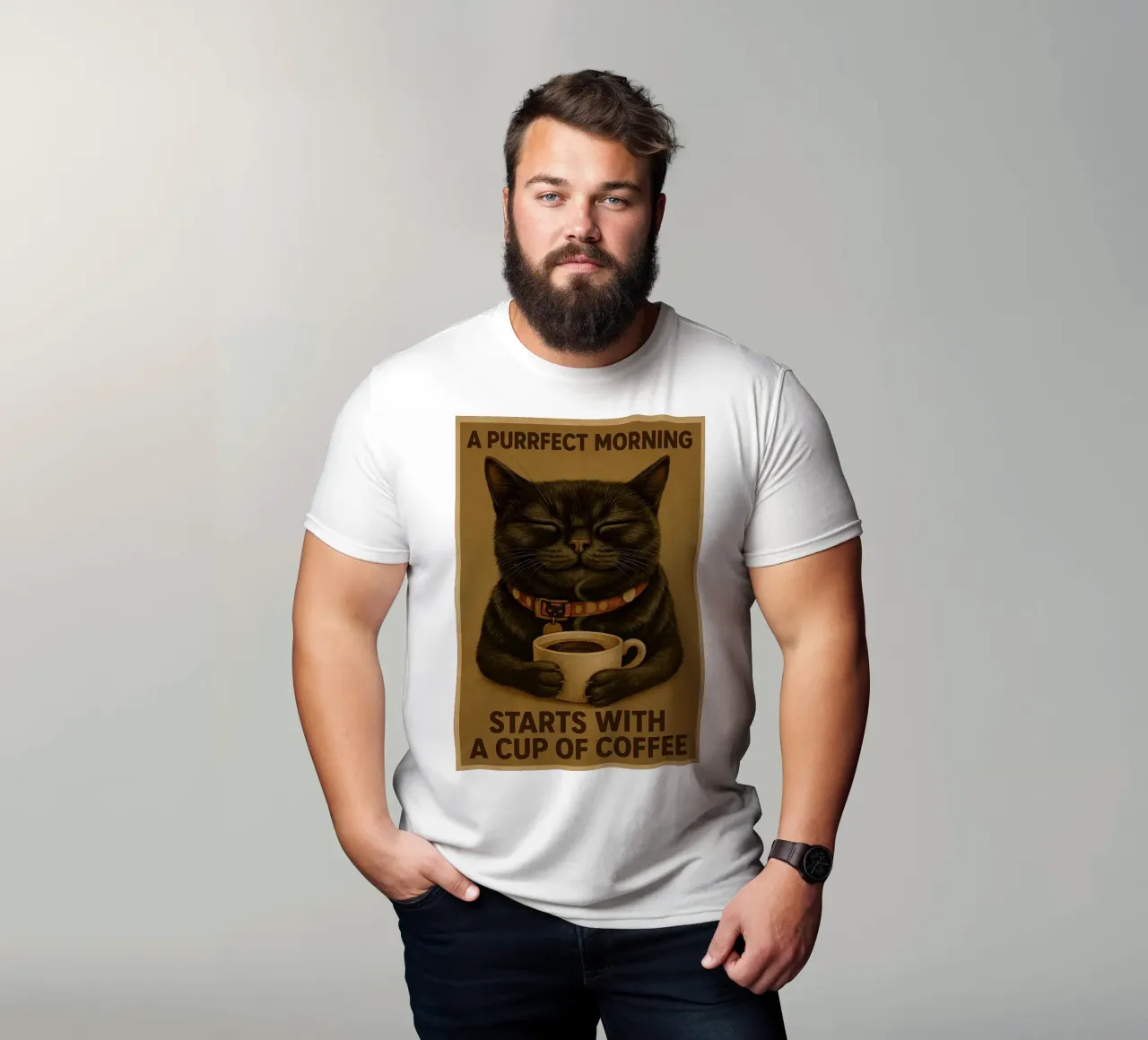 Lustige Katze Ein schnurriger Morgen beginnt mit einer Tasse Kaffee T-Shirt von Rawdenox