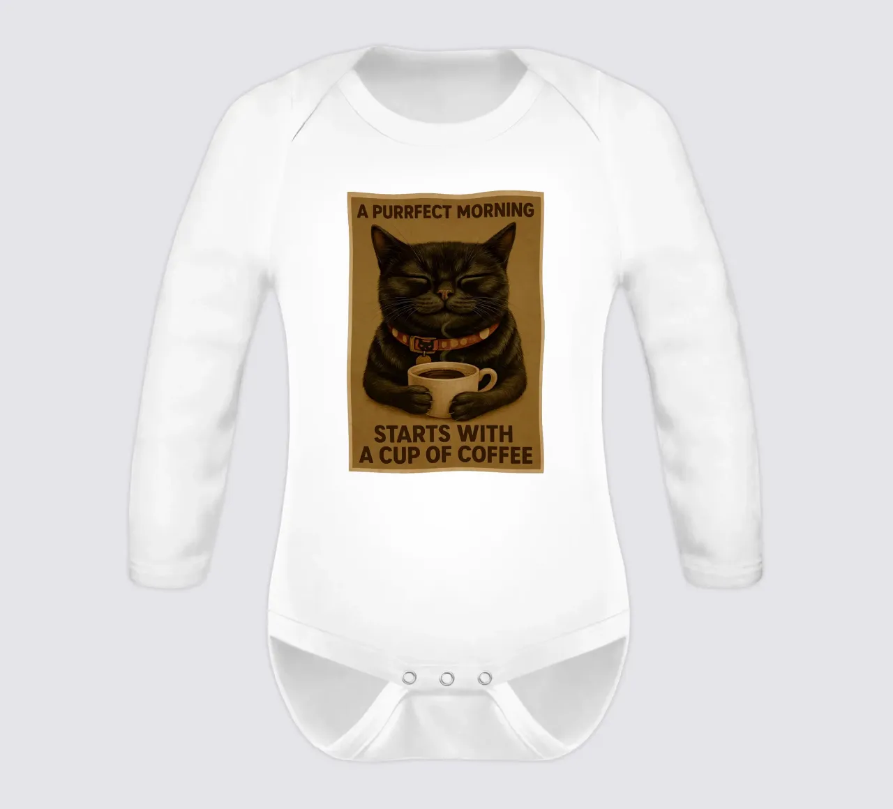 Gatto divertente Una mattina perfetta inizia con una tazza di caffè body neonato maniche lunghe da Rawdenox