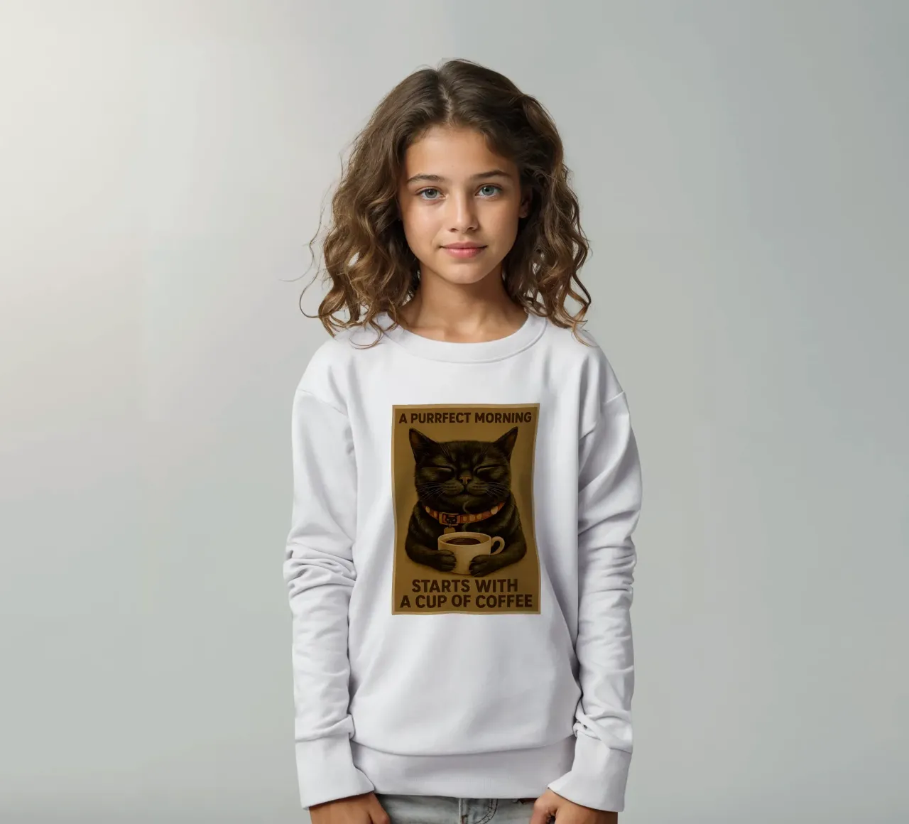 Lustige Katze Ein schnurriger Morgen beginnt mit einer Tasse Kaffee Kinder Sweatshirt von Rawdenox
