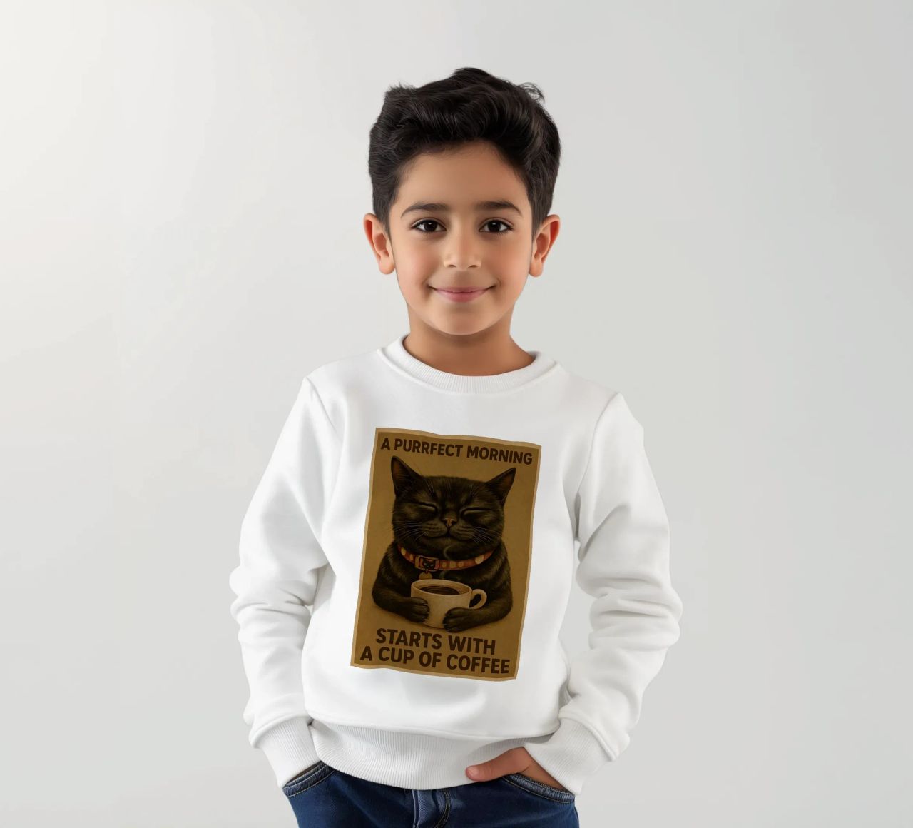 Gatto divertente Una mattina perfetta inizia con una tazza di caffè felpa bambino da Rawdenox