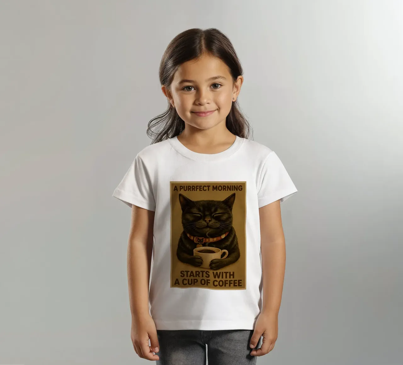 Gatto divertente Una mattina perfetta inizia con una tazza di caffè t-shirt bambini da Rawdenox