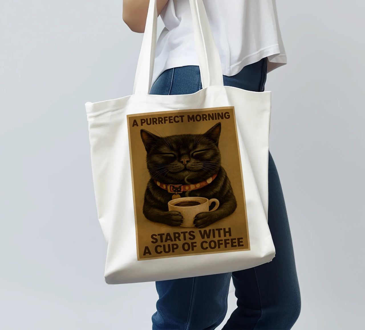 Gatto divertente Una mattina perfetta inizia con una tazza di caffè borsa in juta da Rawdenox