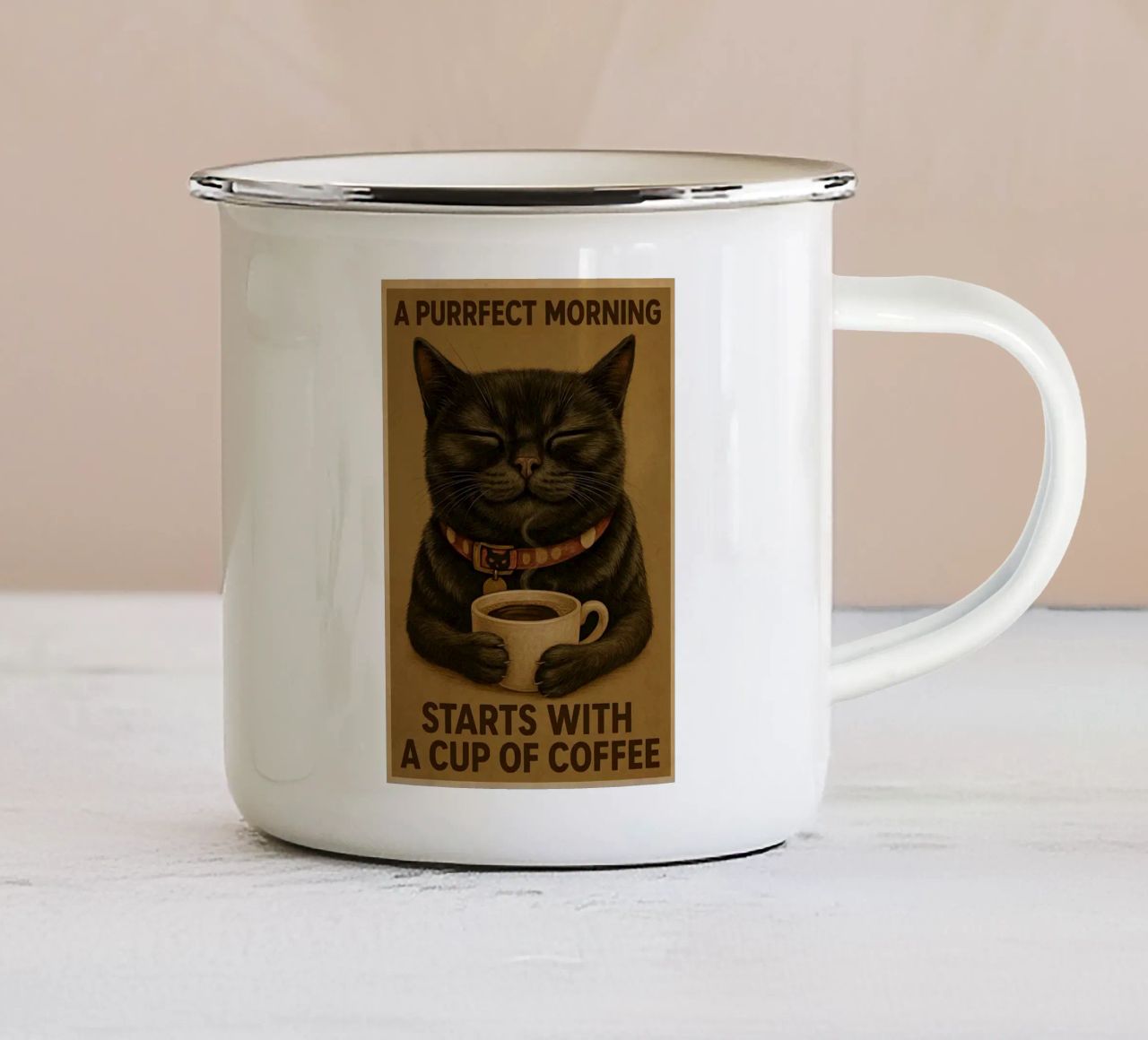 Gatto divertente Una mattina perfetta inizia con una tazza di caffè tazza in smalto da Rawdenox