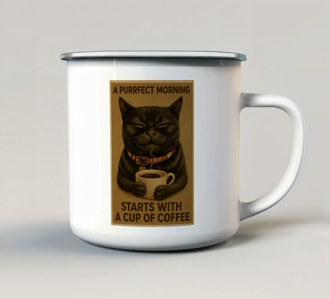 Funny Cat A Purrfect Morning Starts With A Cup Op Coffee mug en émail de Rawdenox